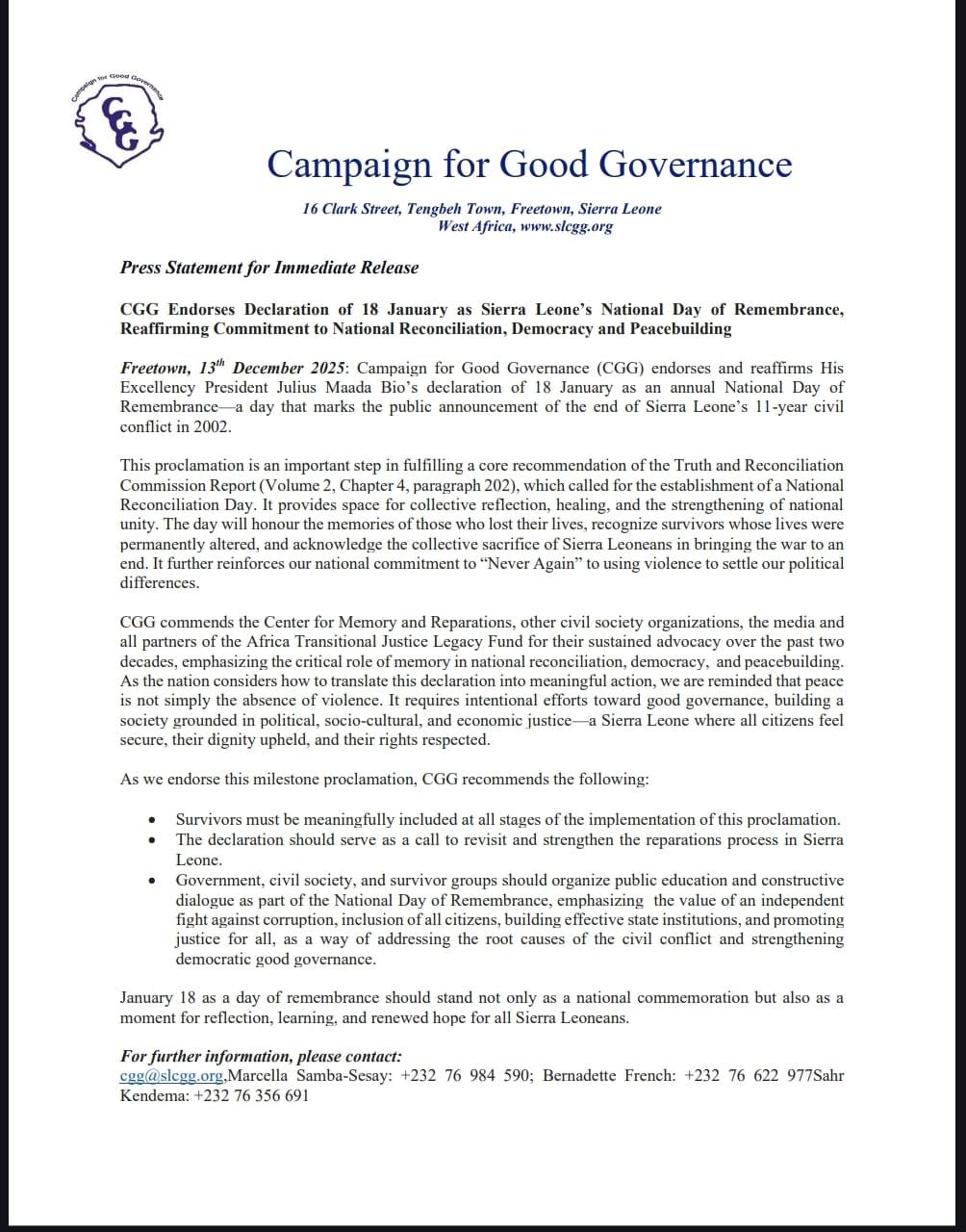 CGG Endorses Declaration of 18 January as Sierra Leone’s National Day of Remembrance,Reaffirming Commitment to National Reconciliation, Democracy and Peace building.